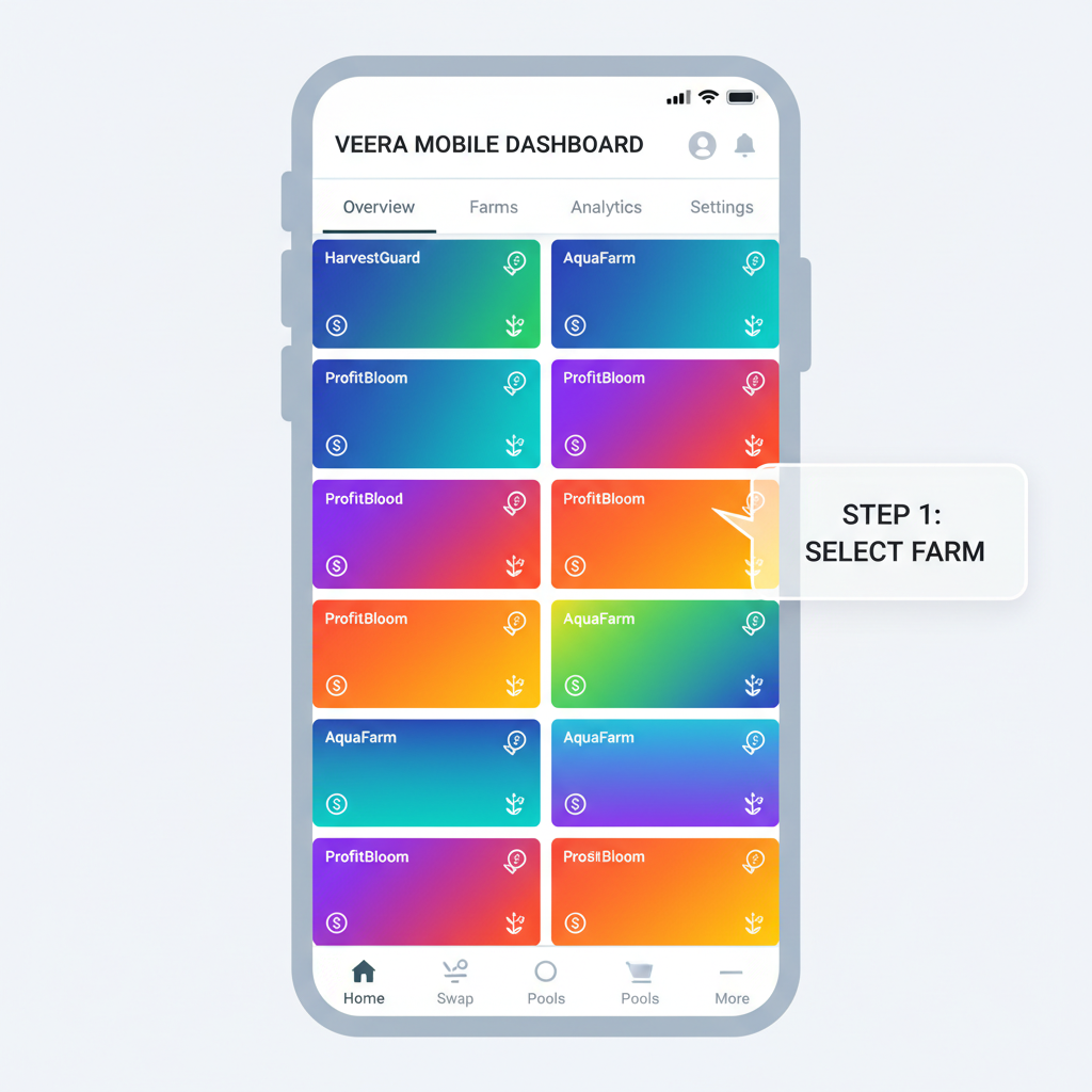Veera mobile dashboard heatmap with color-coded yield farms, vibrant gradients