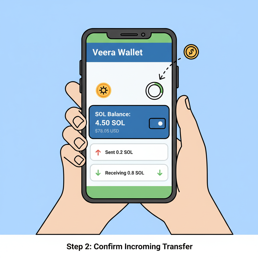 Saga phone Veera wallet screen displaying SOL balance at $78.05, incoming transfer animation