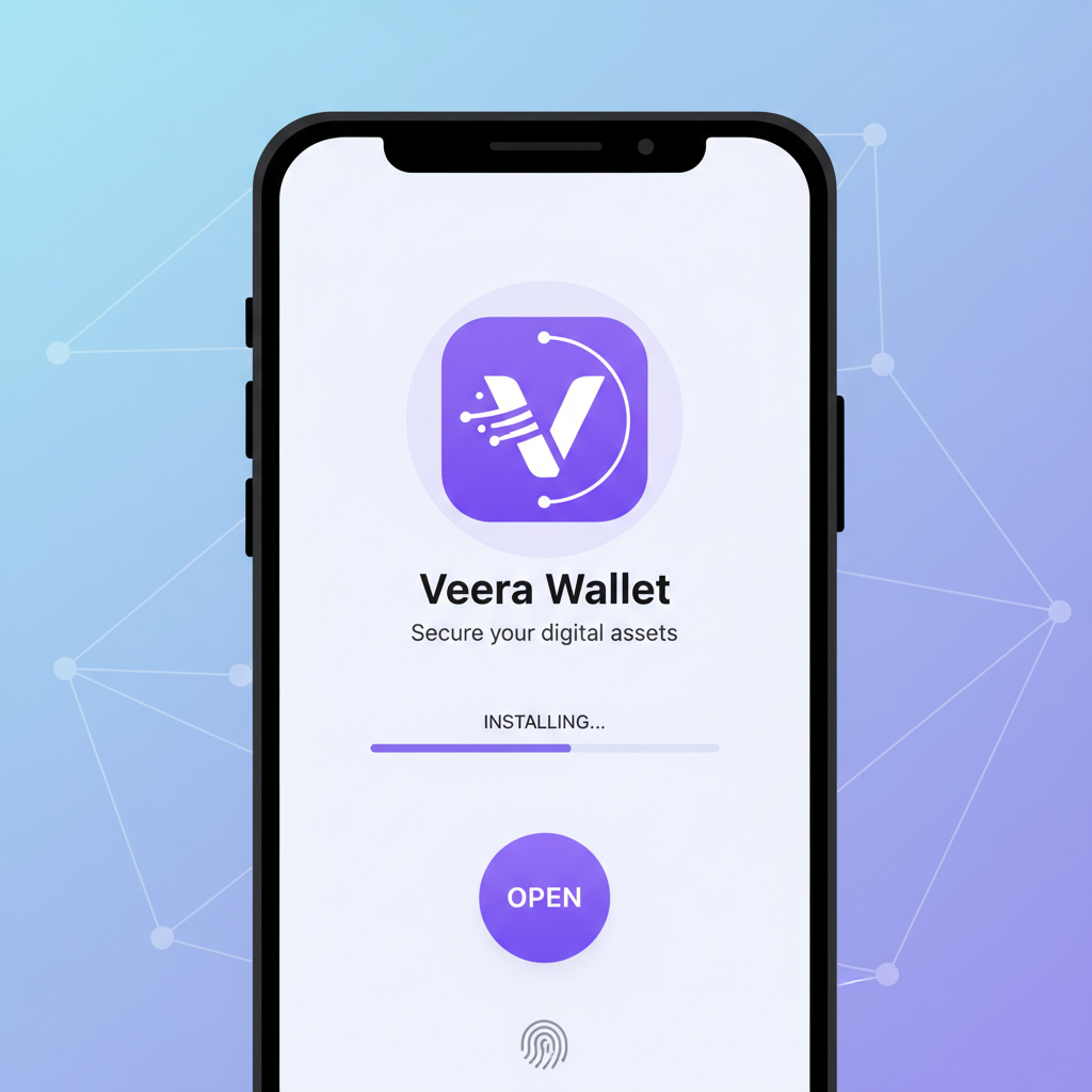Solana Saga phone screen installing Veera app from dApp store, clean mobile interface