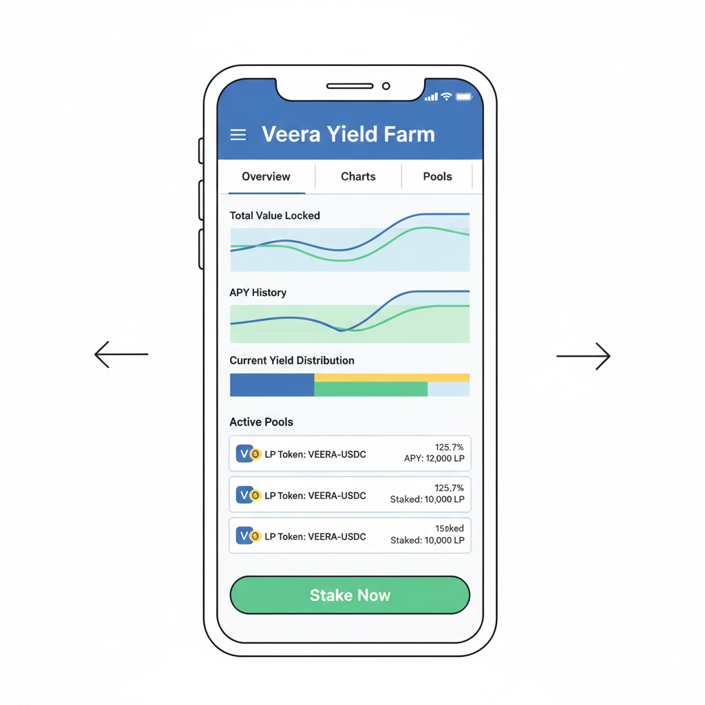 Veera app leveraged yield farm dashboard on mobile, charts and pools list
