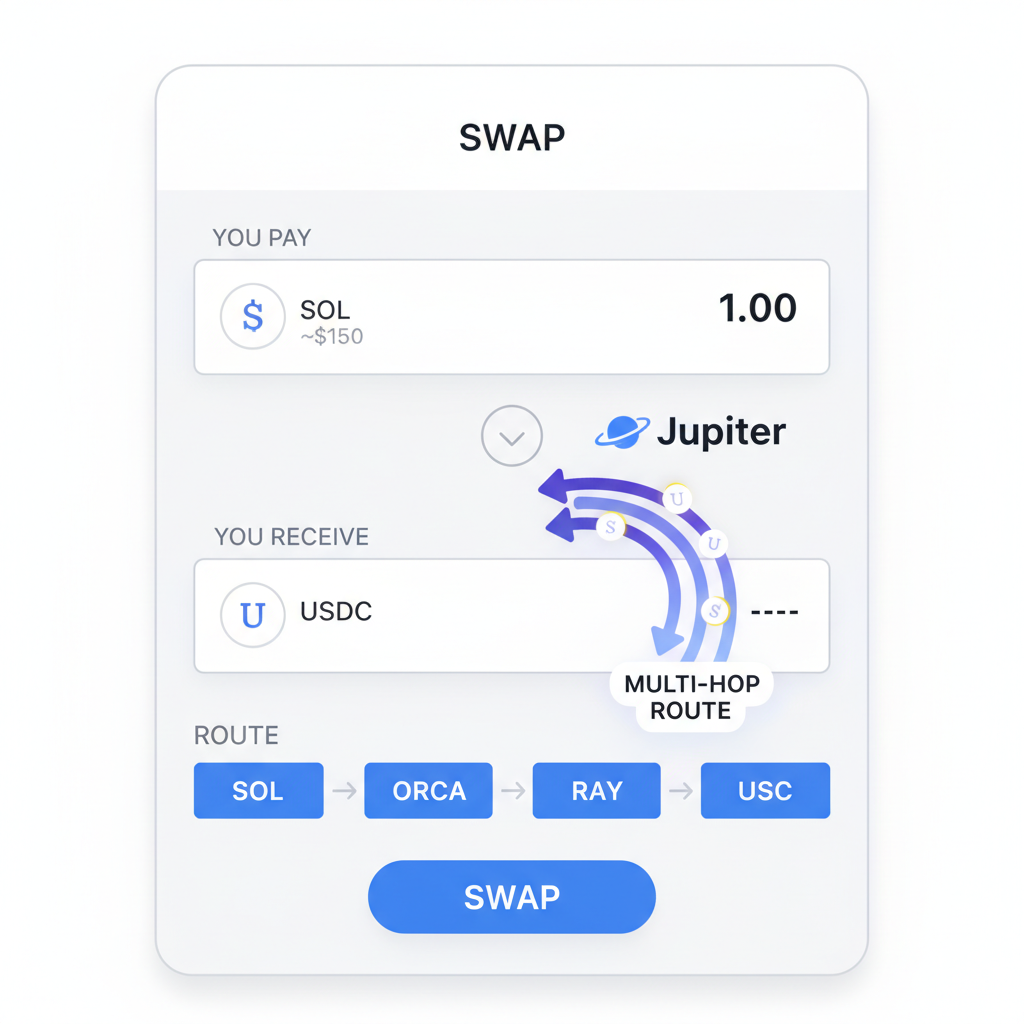 Veera app swap screen with Jupiter multi-hop routes highlighted, solana tokens flowing