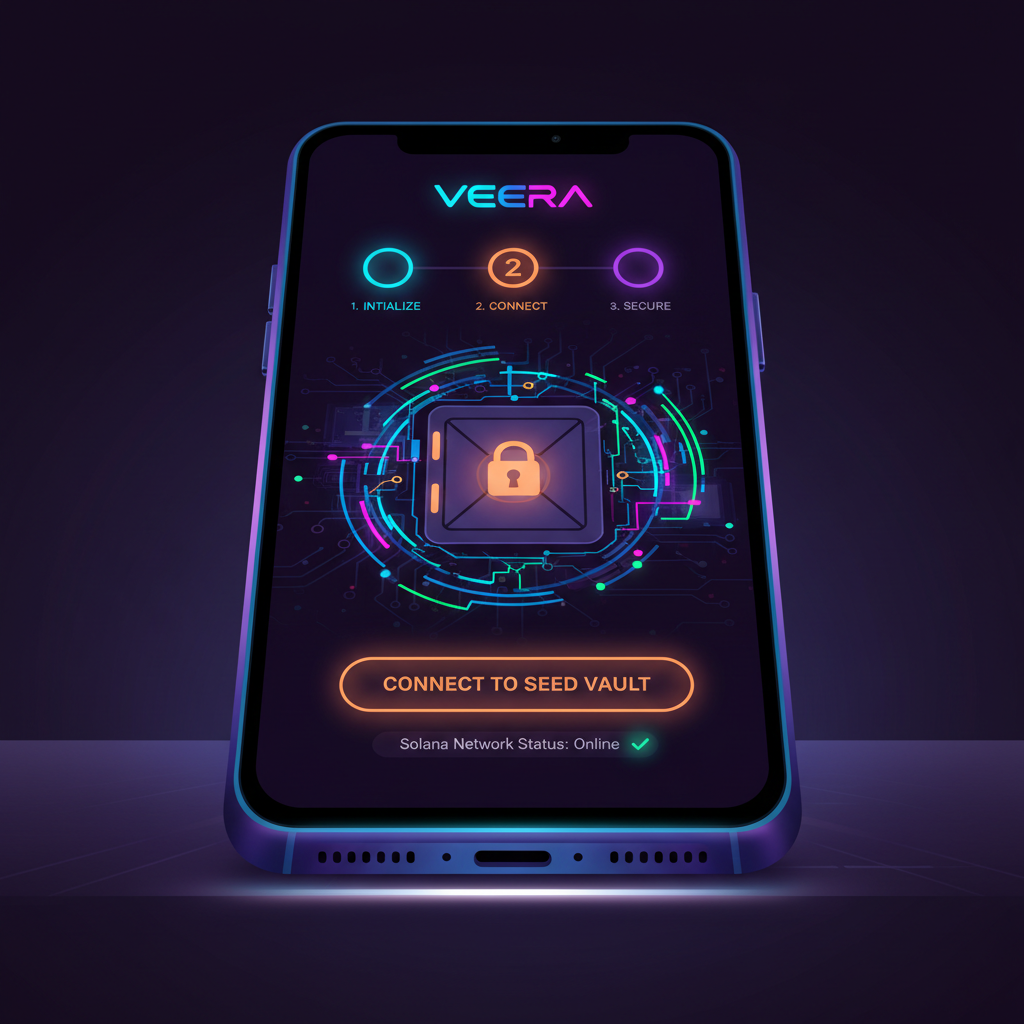 Solana Saga phone screen showing Veera app Seed Vault connection interface, cyberpunk solana theme
