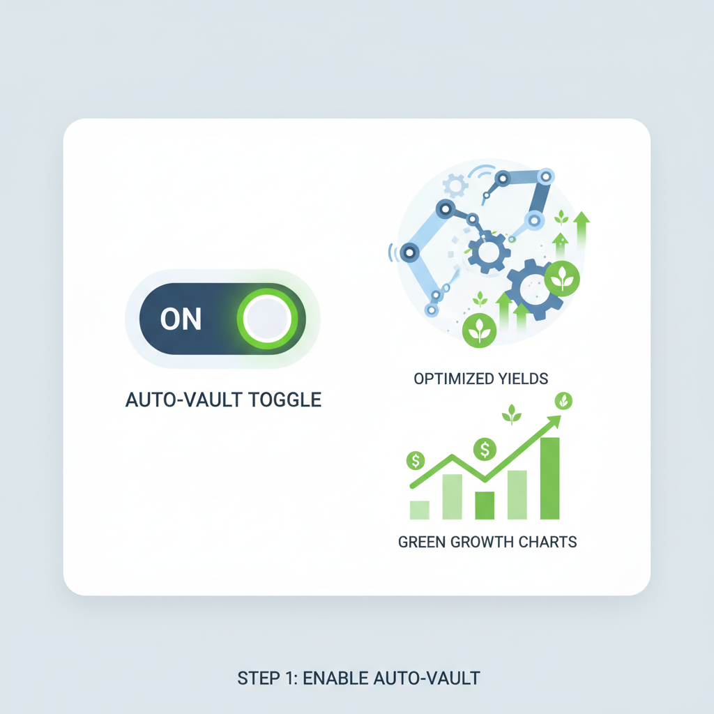 Auto-vault toggle enabled, robotic automation icons optimizing yields, green growth charts