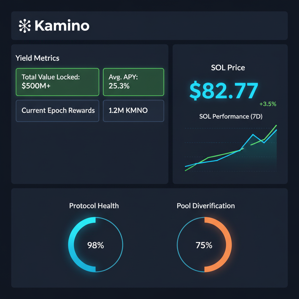 Kamino dashboard with yield metrics, SOL at $82.77 charts, performance graphs glowing