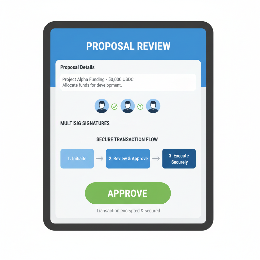 Proposal review screen with approve button, multisig signatures, secure transaction flow