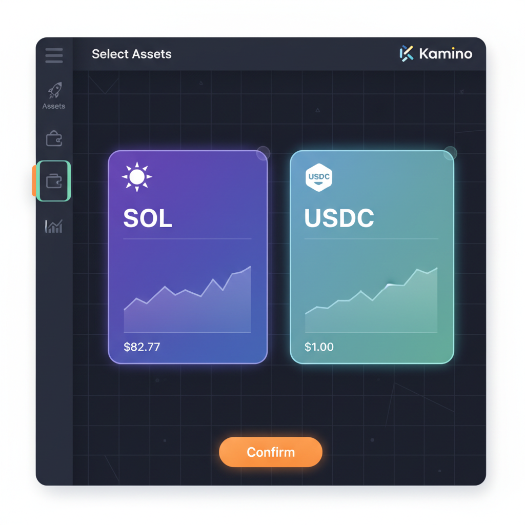 Kamino asset selection screen with SOL and USDC highlighted, price charts showing $82.77 SOL, vibrant crypto visuals