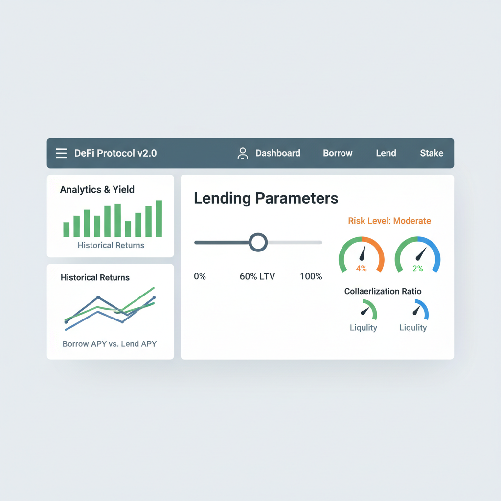 Lending parameters slider at 60% LTV, risk gauges and charts, professional DeFi interface