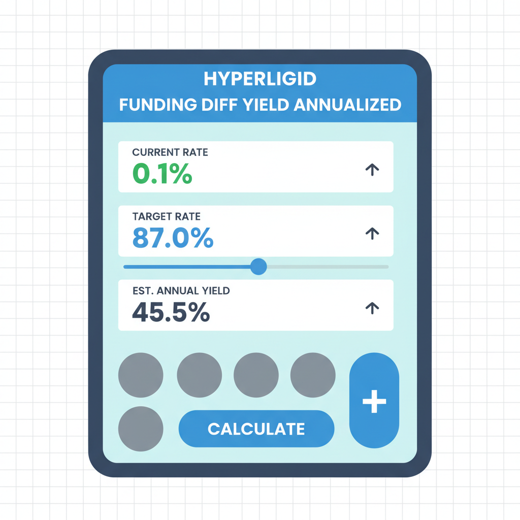 calculator interface showing funding diff yield annualized, numbers like 0.1% to 87%, Hyperliquid branding