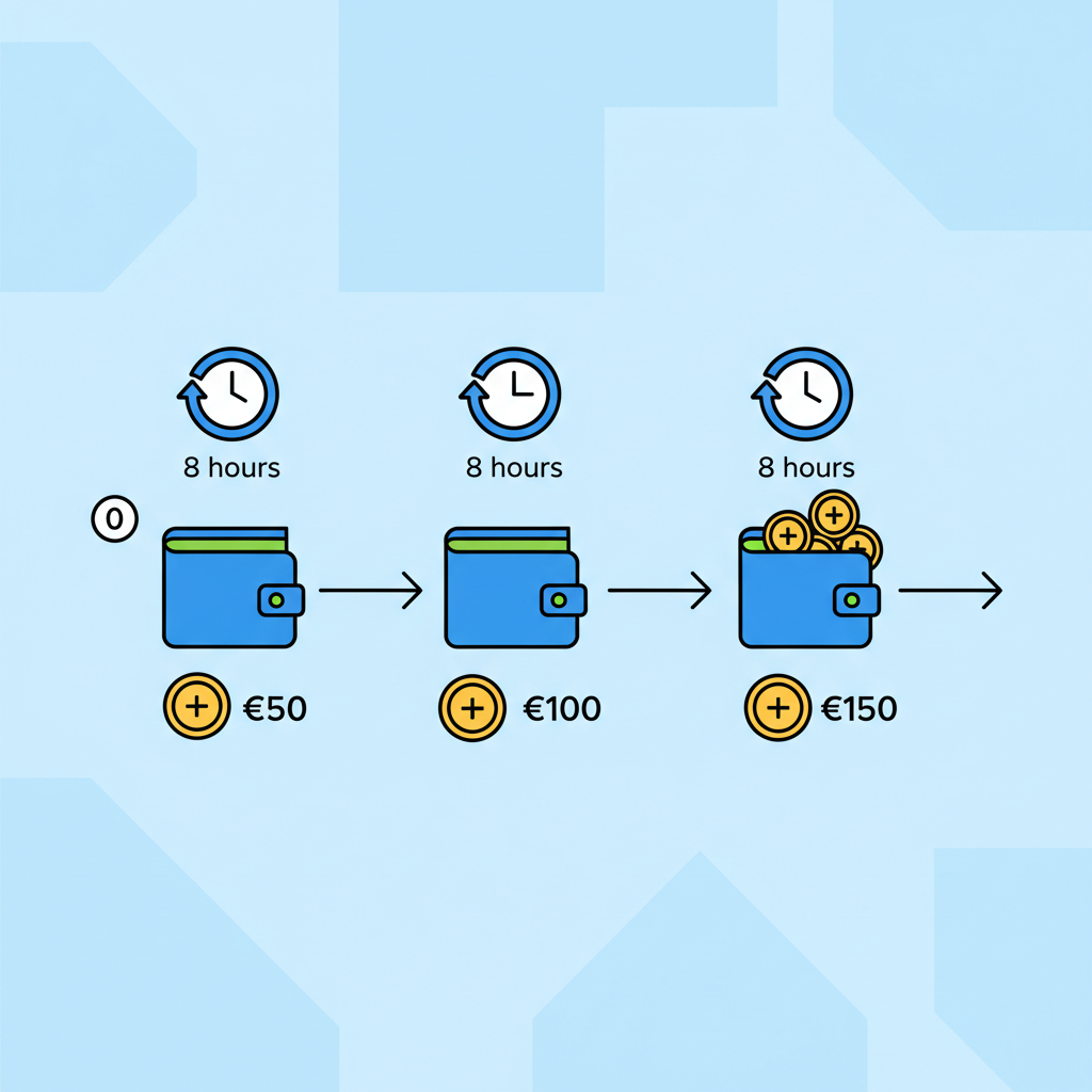 timeline of funding payment collections, wallet balance growing, clock icons every 8 hours