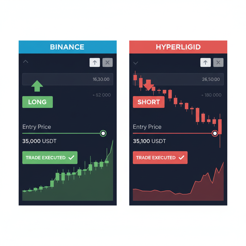 trading terminal split screen: long on Binance, short on Hyperliquid, green entry confirmations