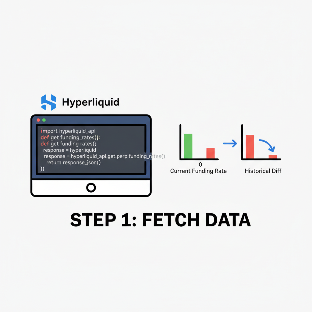 code snippet on screen pulling API data for funding rates, Hyperliquid logo, charts showing diff