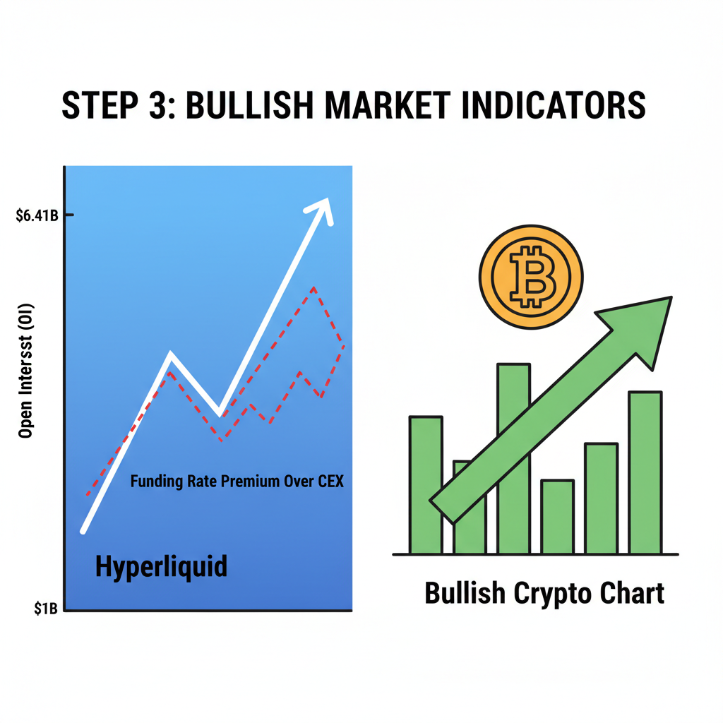 graph of rising OI to $6.41B on Hyperliquid, funding rate premium line over CEX, bullish crypto chart