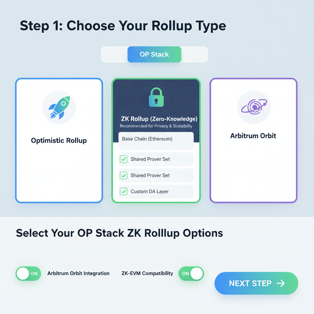 /ui dashboard selecting OP Stack ZK Arbitrum Orbit rollup options, clean tech interface