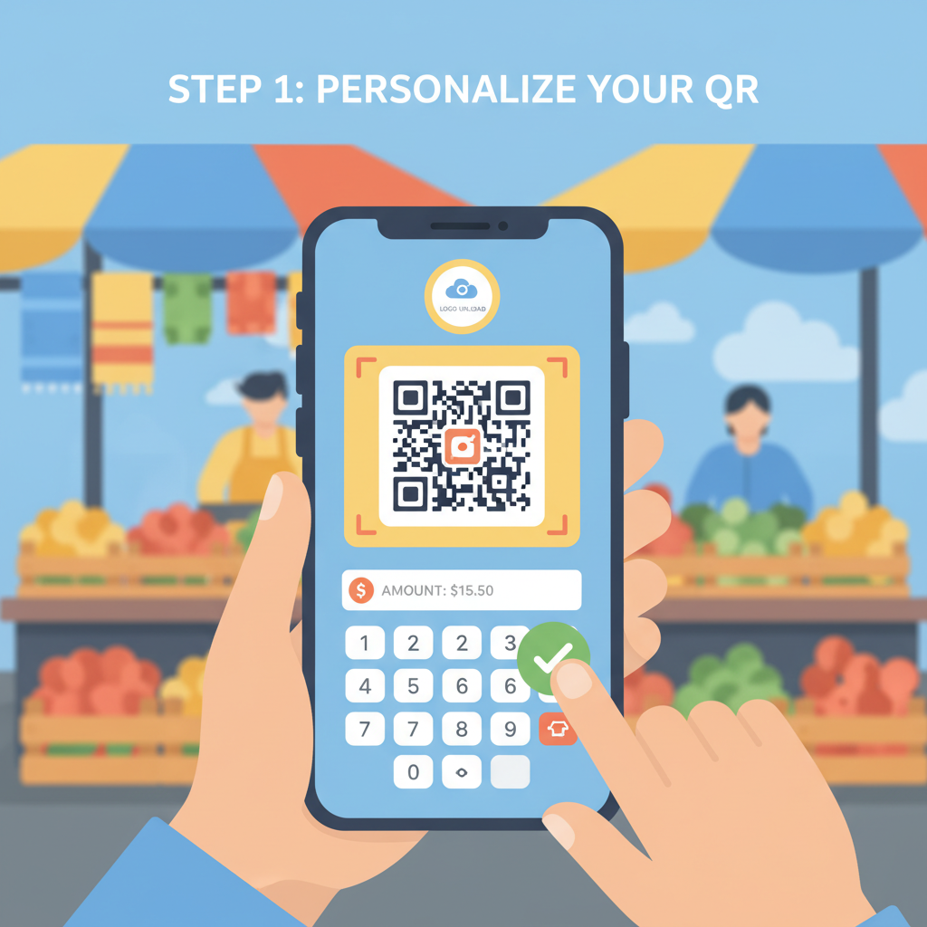 close-up of customizing QR code on phone with amount input and logo upload, market stall background, colorful UI