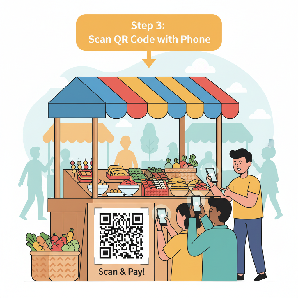 street vendor stall with large QR code displayed, customers scanning with phones, lively open-air market scene