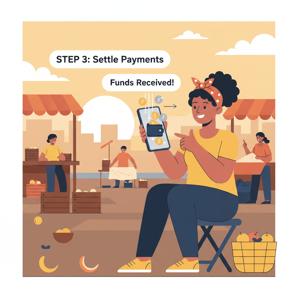 vendor settling batch payments on phone after market, coins flowing to wallet, sunset market closing, triumphant expression