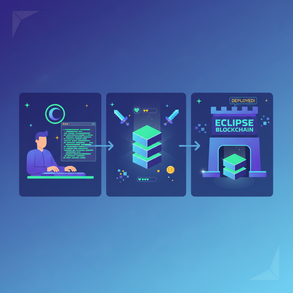 deploying smart contracts on Eclipse blockchain, code compiling into glowing blocks, gaming elements like swords and pixels
