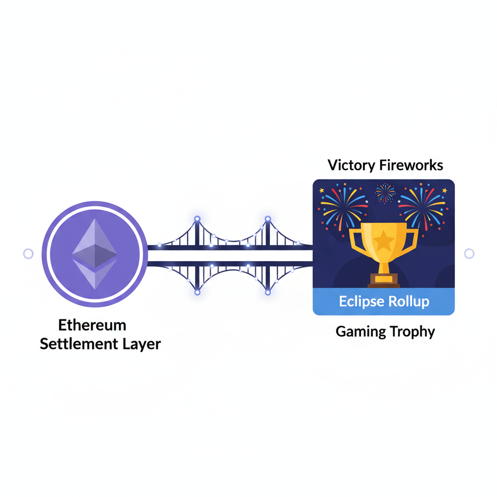 Ethereum settlement layer activation, bridges connecting Eclipse rollup to ETH, victory fireworks, gaming trophy