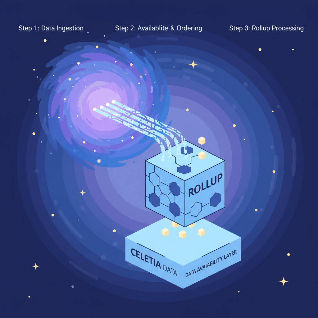 Celestia data availability layer integration, cosmic data streams flowing into blockchain rollup, starry nebula background