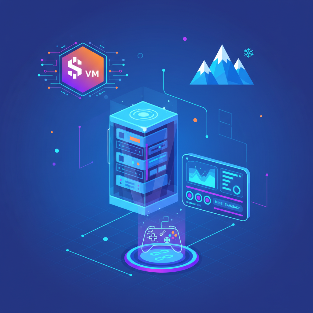 futuristic gaming blockchain setup with Solana VM icons, Avalanche mountains, neon lights, high-tech dashboard