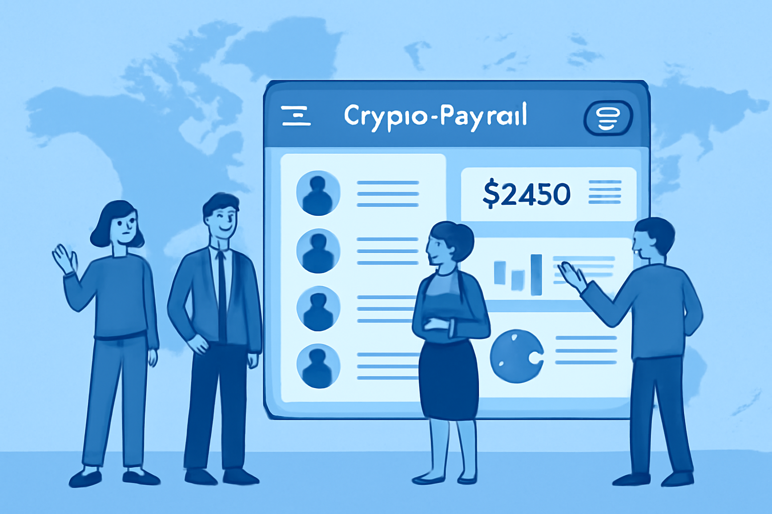 professional team onboarding on crypto payroll dashboard, modern UI, global map background, blue tones