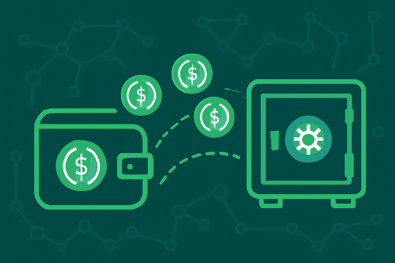 funding USDC wallet pool, digital coins flowing into secure vault, blockchain network visualization, green secure tones