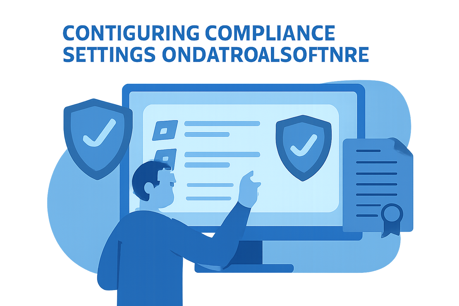 configuring compliance settings on payroll software, checklists and shields icons, regulatory documents, authoritative blue