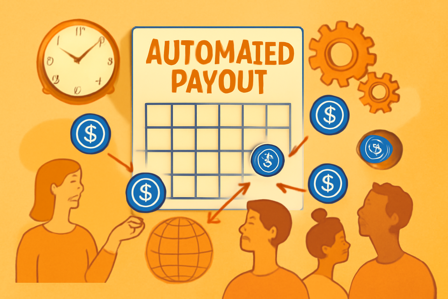 automated payout calendar with USDC transfers, gears and clocks, global recipients receiving coins, dynamic orange tones