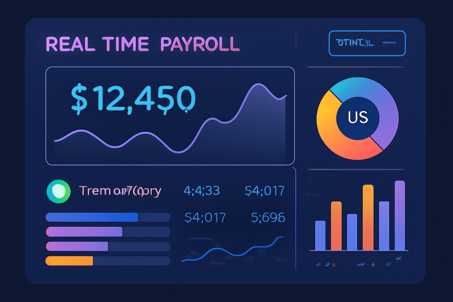real-time payroll dashboard monitoring USDC transactions, charts graphs analytics, futuristic interface, vibrant data viz
