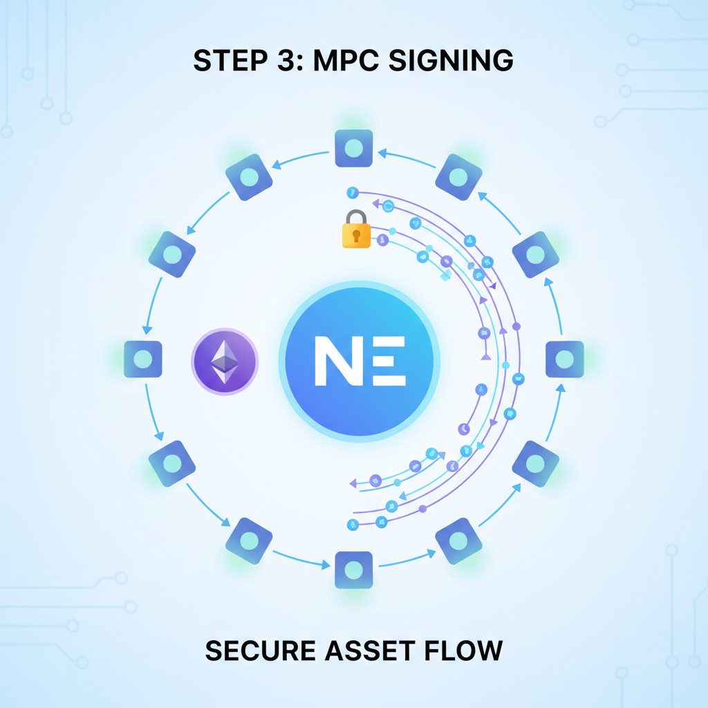 NEAR validators circle MPC signing transactions, assets flowing securely between Ethereum NEAR icons