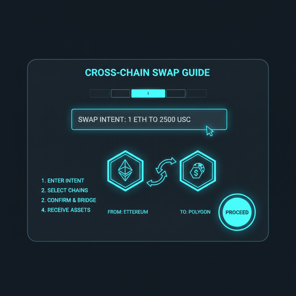 clean futuristic UI screen user typing swap intent ETH to USDC across chains, neon blues blockchain icons