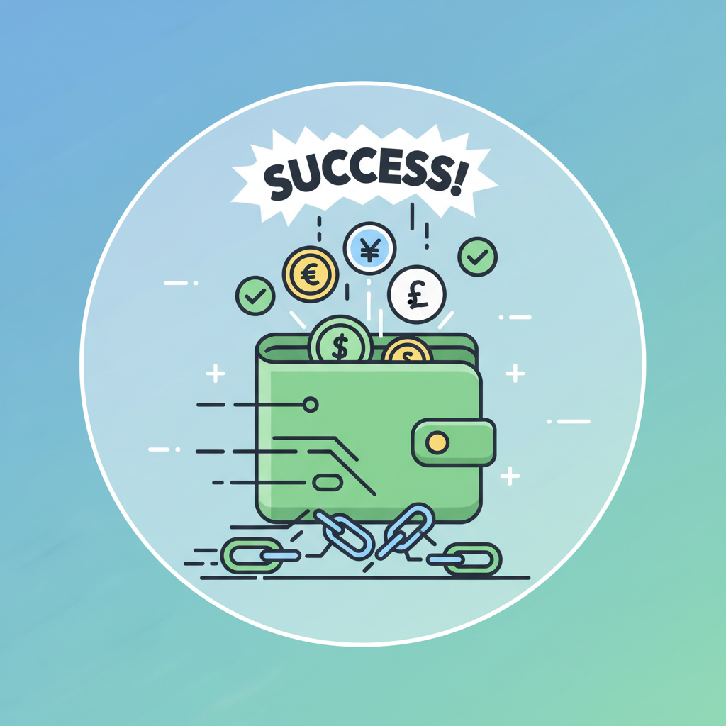 assets landing in wallet green checkmarks, chains settling fast motion blur success glow