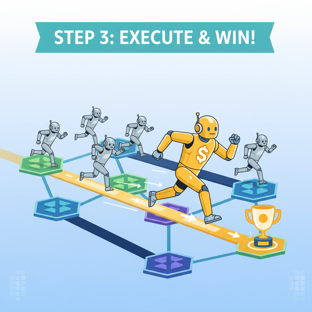 one golden solver bot winning race among competitors, highlighted path on multi-chain map