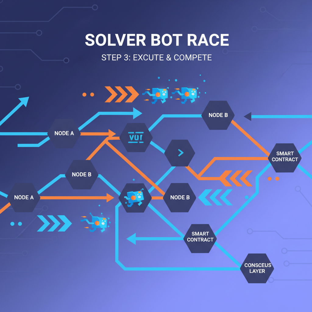 network of glowing solver bots racing on interconnected blockchain graph, competition arrows paths