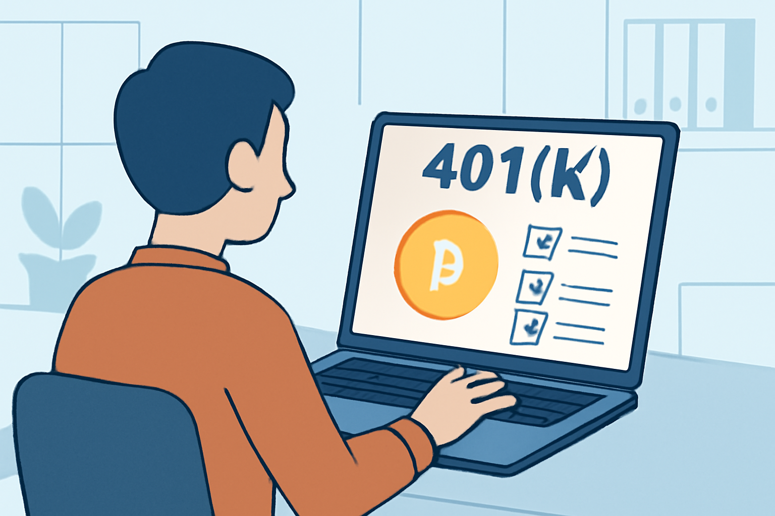 A person reviewing their 401k options on a laptop, with a Bitcoin symbol and a checklist visible on the screen, office background