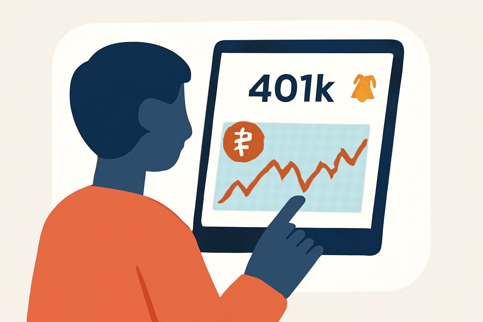A person checking their 401k performance on a tablet, with a chart showing Bitcoin price changes and a notification bell