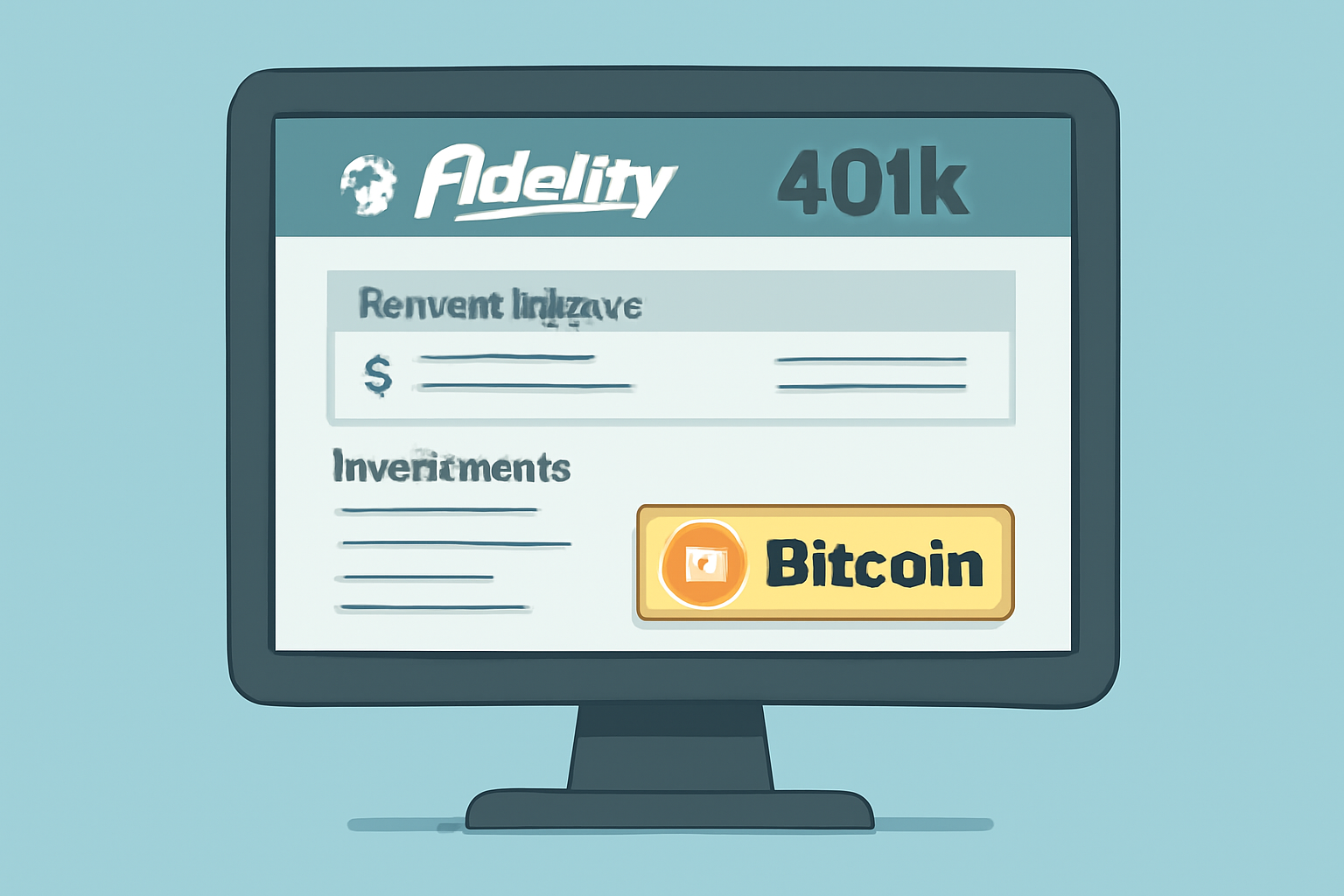 A computer screen displaying the Fidelity 401k dashboard, with a highlighted Bitcoin investment option