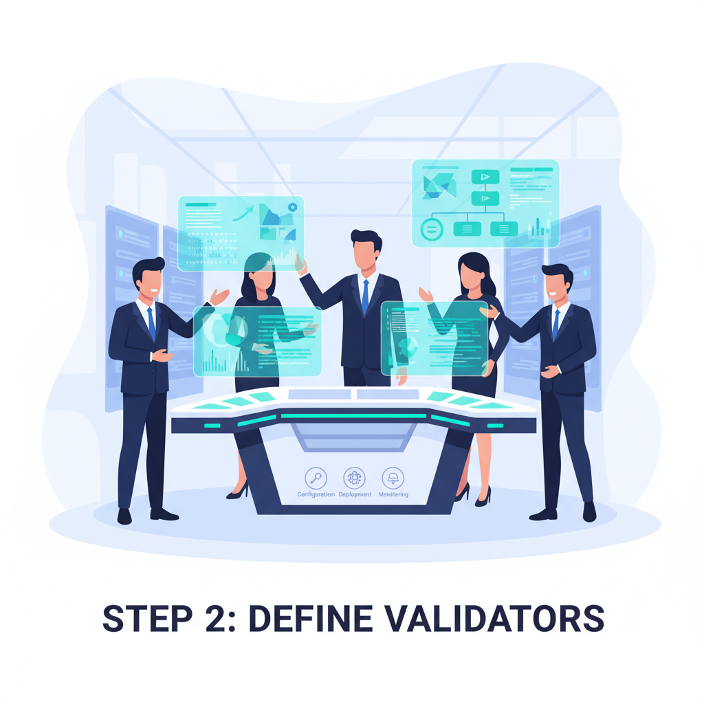 enterprise team defining blockchain validators on holographic screens, futuristic dashboard, vibrant blues and greens