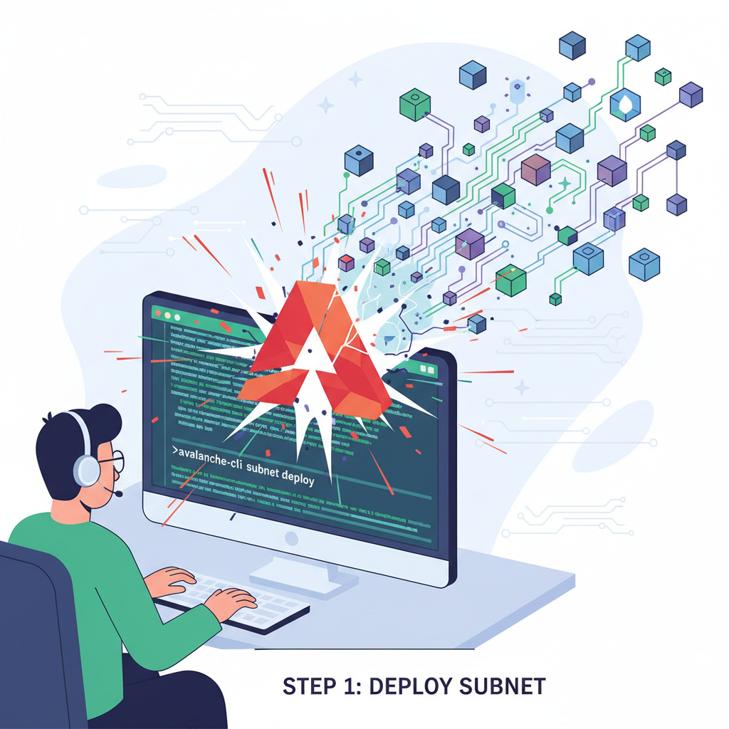 developer deploying subnet via command line interface, Avalanche logo exploding into blockchain network, dynamic action scene