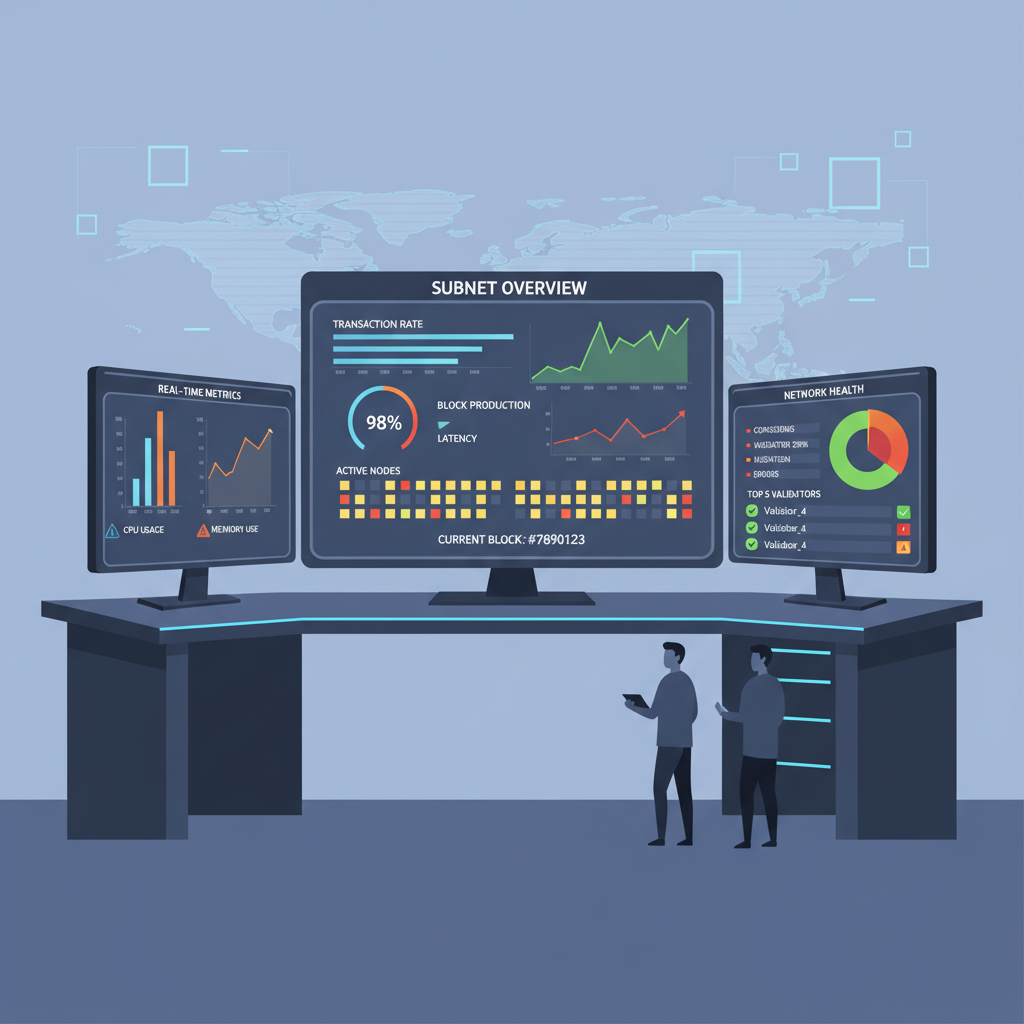 live blockchain subnet dashboard with real-time metrics, monitoring graphs spiking, enterprise control room vibe