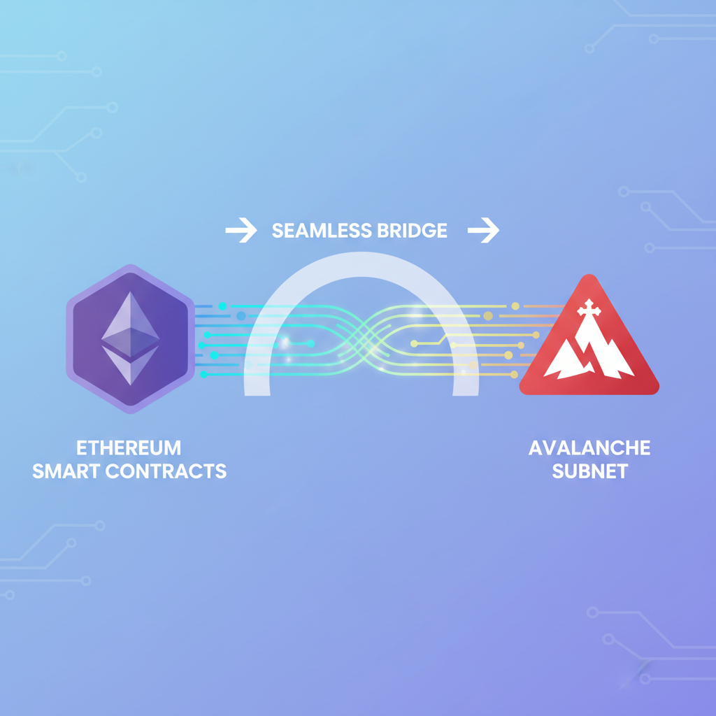Ethereum smart contracts integrating into Avalanche subnet, seamless bridge visualization, glowing code streams