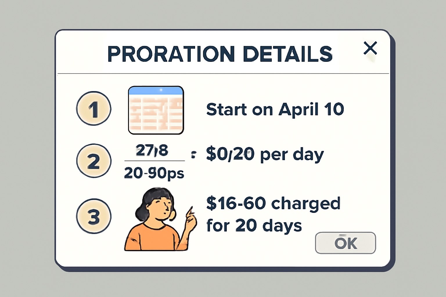 A user interface pop-up explaining proration details with clear numbers and examples.