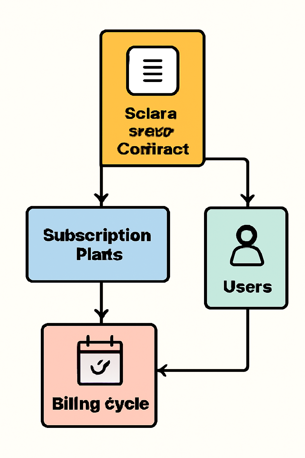 A flowchart diagram showing a Solana smart contract managing subscription plans, users, and billing cycles.