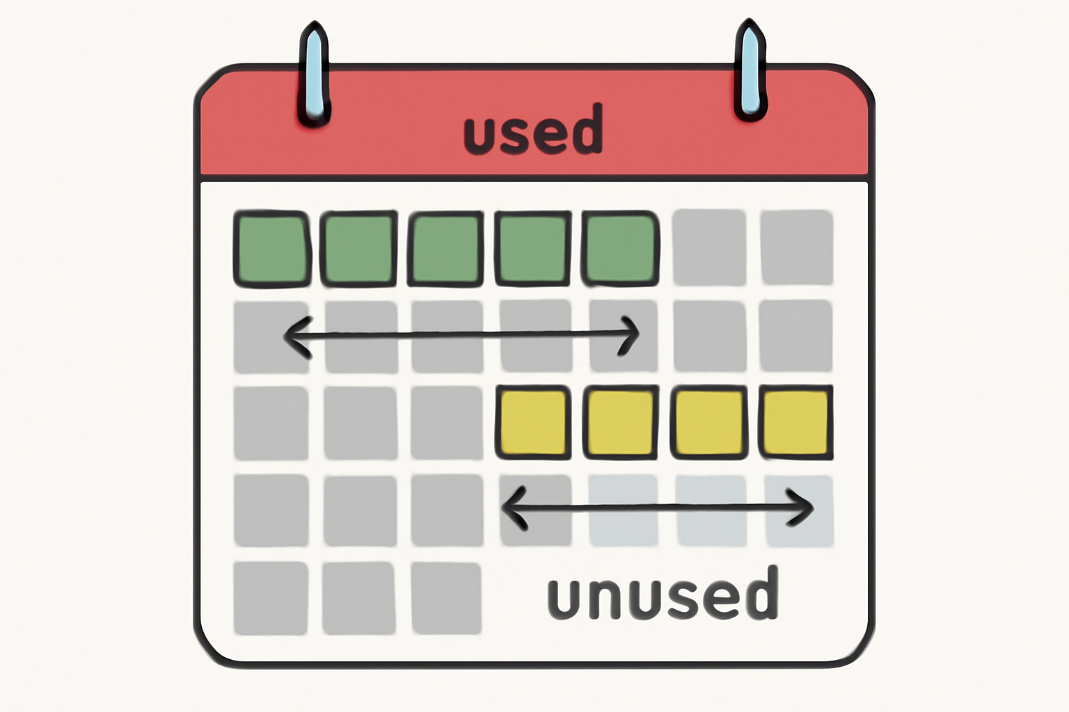 A calendar with highlighted days and arrows showing the calculation of used and unused subscription periods.