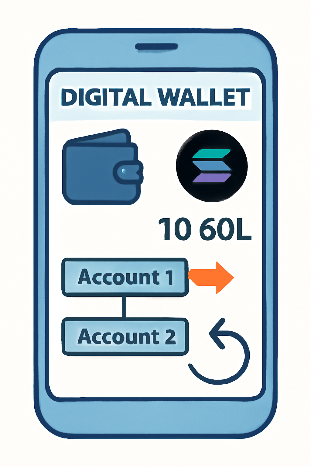A digital wallet with Solana tokens being transferred between accounts, with a refund arrow.