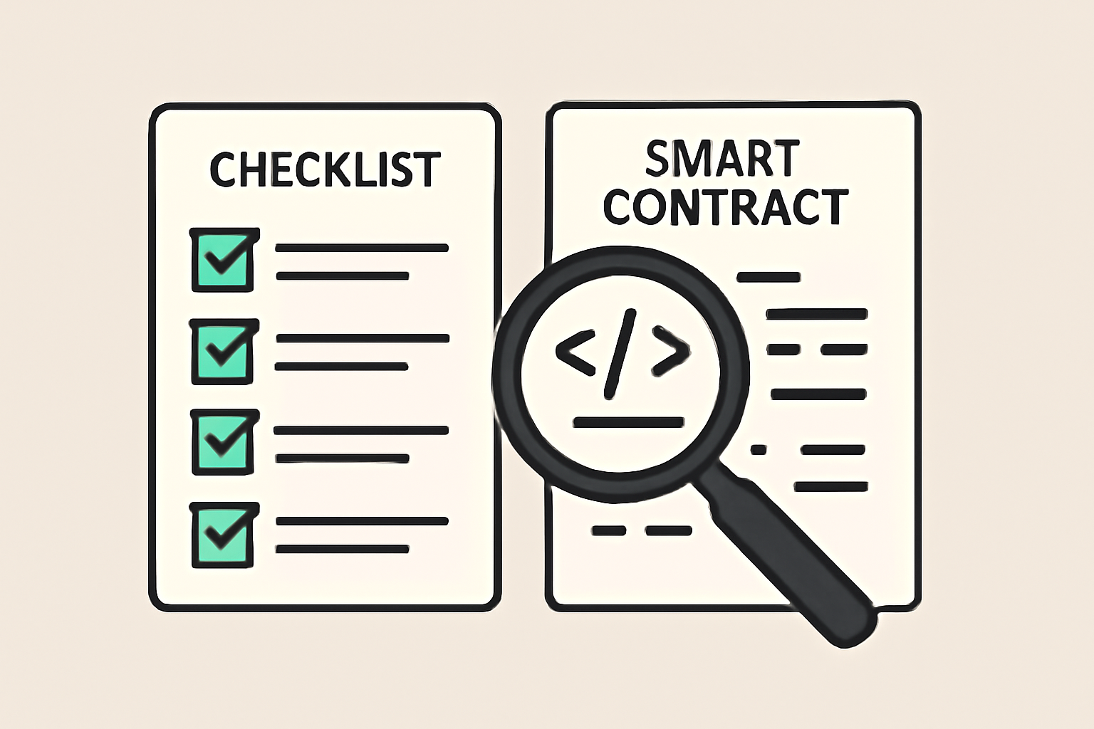A checklist and a magnifying glass inspecting smart contract code, representing testing and auditing.