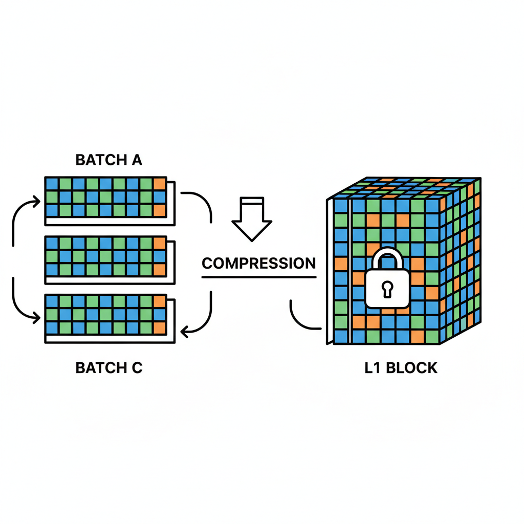 stacked transaction batches compressing into single l1 block visualization