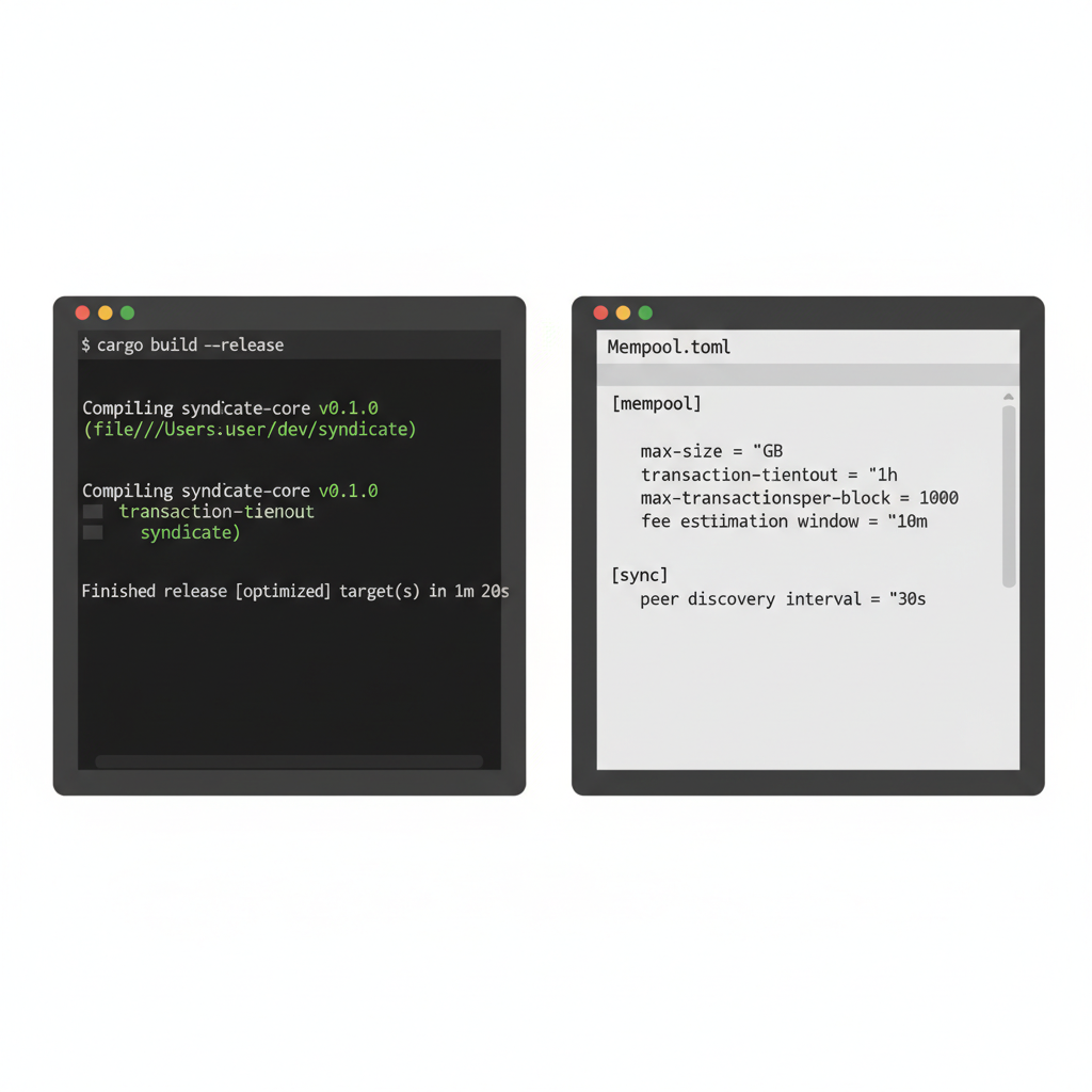 rust code compiling on terminal screen with syndicate mempool config file open