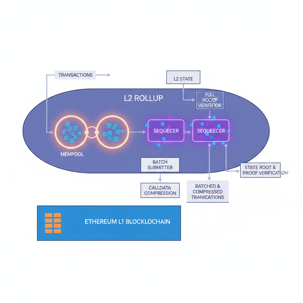ethereum l2 rollup architecture diagram with mempool and sequencer nodes glowing