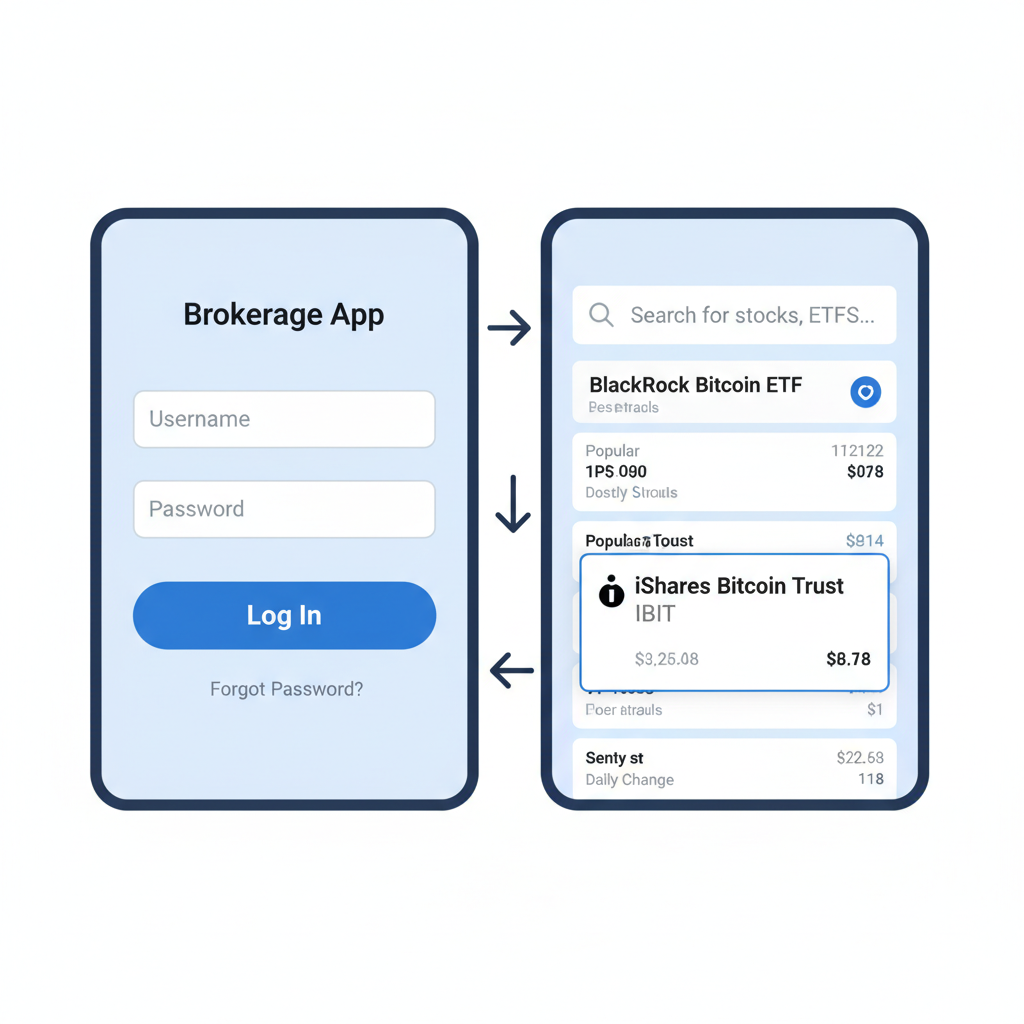 brokerage app login screen searching BlackRock Bitcoin ETF simple interface